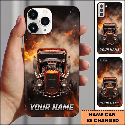 BlueJose Hot Rod Black Classic Car with Front Grille and Orange Flame Background Personalized Name 3D Phone Case