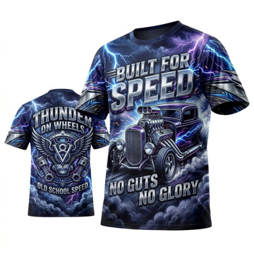 BlueJose Personalized Car Classic Muscle Car 3D T-Shirt – Built For Speed Purple Blue Classic Hot Rod