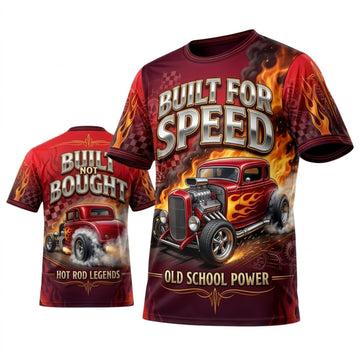 BlueJose Personalized Car Classic Muscle Car 3D T-Shirt – Built For Speed Crimson Gold V8 Muscle Power