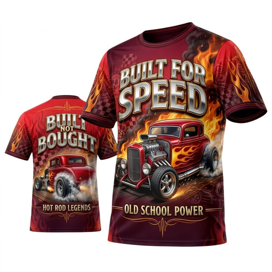 BlueJose Personalized Car Classic Muscle Car 3D T-Shirt – Built For Speed Crimson Gold V8 Muscle Power