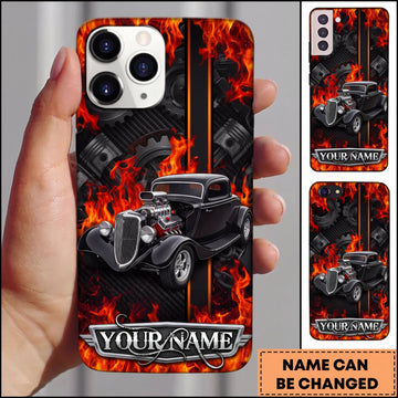 BlueJose Hot Rod Black Vintage Car with Red Flames and Racing Garage Design Personalized Name 3D Phone Case