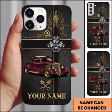 BlueJose Hot Rod Burgundy Classic Car with Golden Garage Cross and Vintage Industrial Design Personalized Name 3D Phone Case