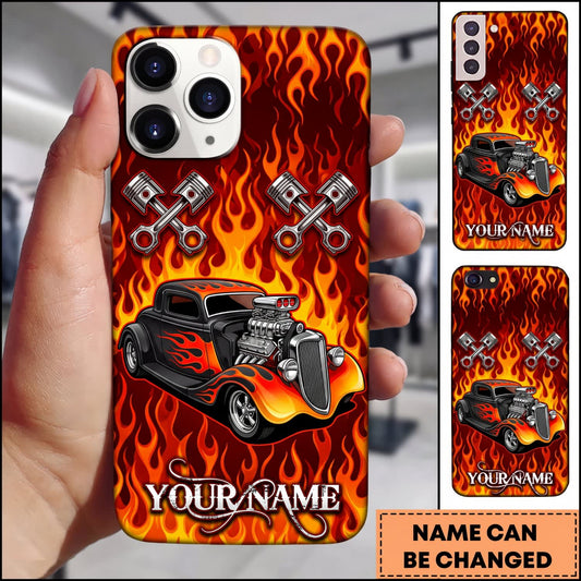 BlueJose Hot Rod Black Vintage Car with Explosive Orange Flame and Skull Pattern Personalized Name 3D Phone Case