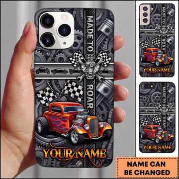BlueJose Hot Rod Orange Vintage Car with Industrial Metal Cross and Racing Flame Personalized Name 3D Phone Case