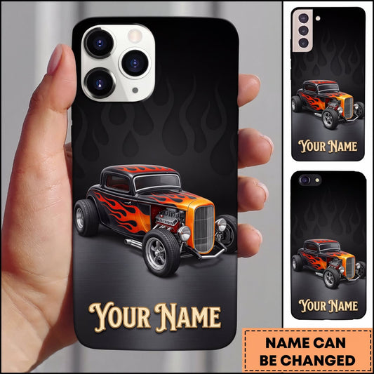 BlueJose Hot Rod Black Vintage Car with Orange Flames and Minimalist Dark Background Personalized Name 3D Phone Case
