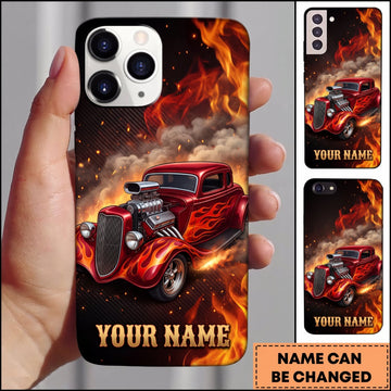 BlueJose Hot Rod Red Vintage Car with Explosive Orange Flames and Black Smoke Personalized Name 3D Phone Case