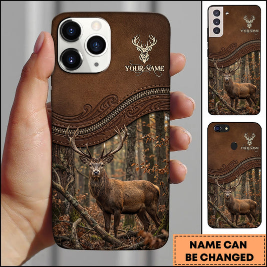 BlueJose Artist Hunting Deer Zipper Leather Dark Brown Autumn Forest Personalized Name Phone Case