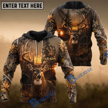 BlueJose Deer Hunting Sunset Whitetail Buck Crosshair Camo Multiple Options Personalized Name 3D Hoodie
