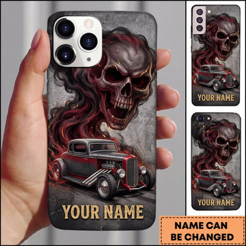 BlueJose Hot Rod Red Classic Car with Dark Skull and Crimson Smoke Personalized Name 3D Phone Case