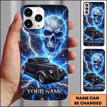 BlueJose Hot Rod Black Vintage Car with Blue Lightning Skull and Electric Storm Personalized Name 3D Phone Case
