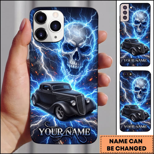 BlueJose Hot Rod Black Vintage Car with Blue Lightning Skull and Electric Storm Personalized Name 3D Phone Case