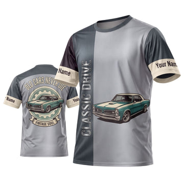 BlueJose Personalized Car Classic Muscle Car 3D T-Shirt - Teal Black Classic Drive Vintage Silver Muscle Car