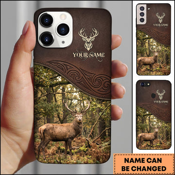 BlueJose Artist Hunting Deer Zipper Leather Dark Brown Sunlit Forest Personalized Name Phone Case