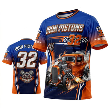 BlueJose Personalized Car Classic Muscle Car 3D T-Shirt – High Octane Blue Orange Custom Racing Rod