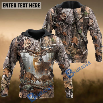BlueJose Deer Hunting Realistic Camo Whitetail Buck Forest Multiple Options Personalized Name 3D Hoodie