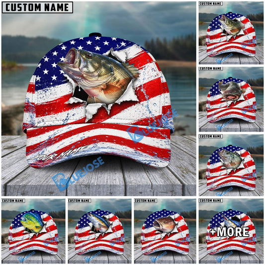 BlueJose Fishing Patriotic Flag Water Splash Personalized Cap (13 Breeds)