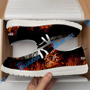 BlueJose Billiards 8 Ball Fusion Skulls White Canvas Loafer Shoes (4 Colors)