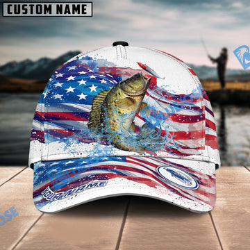 BlueJose Crappie Fishing Watercolor USA Flag Personalized Cap