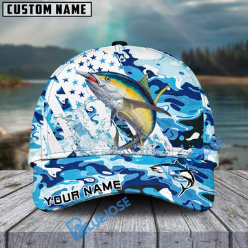Bluejose Tuna Fishing Blue White American Flag Personalized Cap