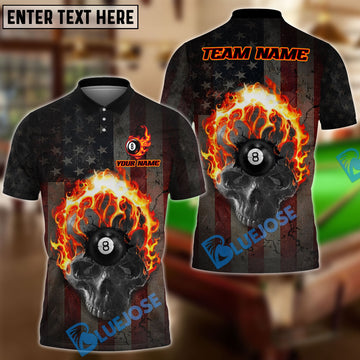 BlueJose Billiards Ball 8 Pool American Hell Fire Skull Personalized Name & Team Name Shirt (4 Colors)