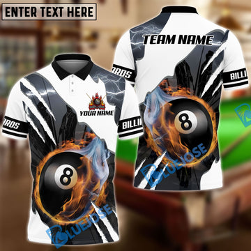 BlueJose Billiards Ball 8 Pool Fire Lightning Scratch Personalized Name & Team Name Shirt (4 Colors)