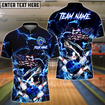 BlueJose Bowling And Pins Thunder American Flag Shark Customized Name, Team Name 3D Shirt (4 Colors)