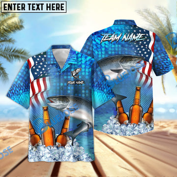 BlueJose Salmon Fishing Beer USA Flag Personalized All Over Print 3D Hawaiian Shirt
