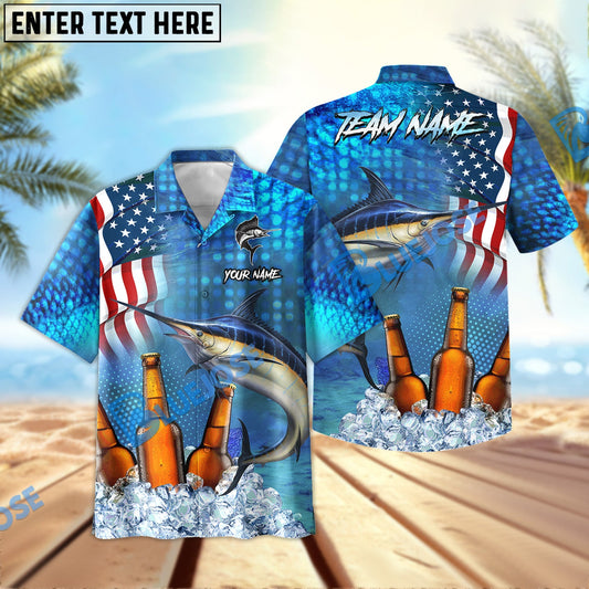 BlueJose Marlin Fishing Beer USA Flag Personalized All Over Print 3D Hawaiian Shirt