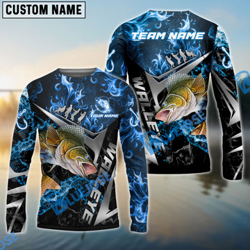 Bluejose Walleye Fishing Silver Line Blue Flame Custom Pattern Name & Team Name 3D Shirts
