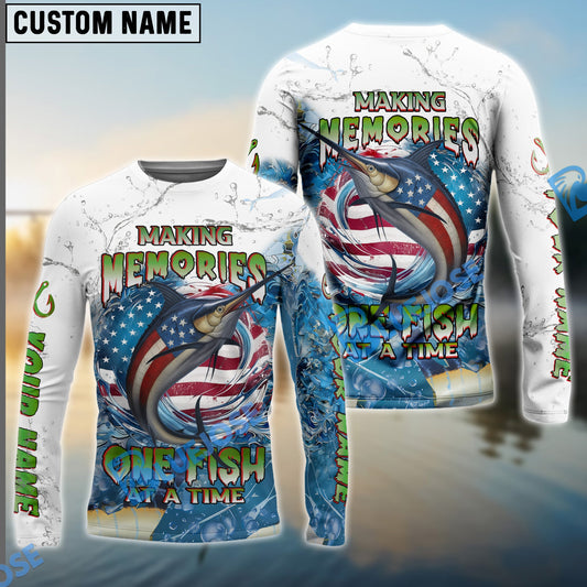Bluejose Marlin Fishing Patriotic Splash ‚ÄúMaking Memories One Fish At A Time‚Äù Custom Name & Team Name 3D Shirts