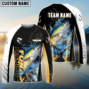 Bluejose Tuna Fishing Black Gold Design Pattern Custom Name & Team Name 3D Shirts