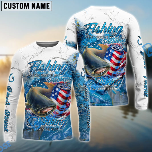 Bluejose Catfish Fishing Beer & Fishing Flag Quote ‚ÄúFishing solves most of my problems, drinking solves the rest‚Äù Dynamic Strike Pattern Custom Name & Team Name 3D Shirts