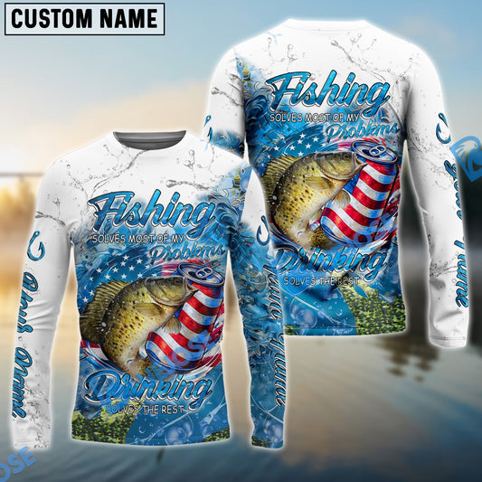 Bluejose Crappie Fishing Beer & Fishing Flag Quote ‚ÄúFishing solves most of my problems, drinking solves the rest‚Äù Dynamic Strike Pattern Custom Name & Team Name 3D Shirts