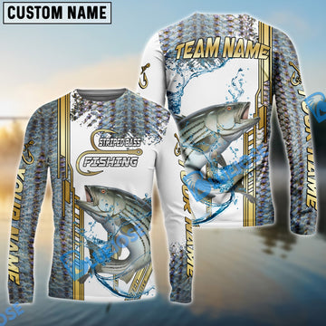 Bluejose Striped Bass Fishing Skinfish Golden Line Pattern Custom Name & Team Name 3D Shirts
