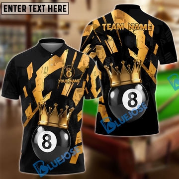 BlueJose Billiards Golden 8-Ball King Personalized Name, Team Name Shirt (6 Colors)