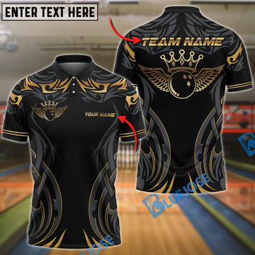 BlueJose Bowling And Pins Gold Crown Wingball Tribal Style Customized Name, Team Name 3D Shirt (4 Colors)