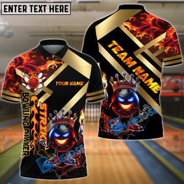 BlueJose Bowling And Pins King Fireball Gold Strike Design Customized Name, Team Name 3D Shirt (4 Colors)