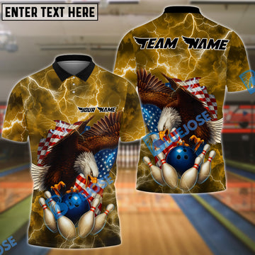 BlueJose Bowling And Pins Patriot Eagle Flag Thunderstorm Customized Name, Team Name 3D Shirt (4 Colors)