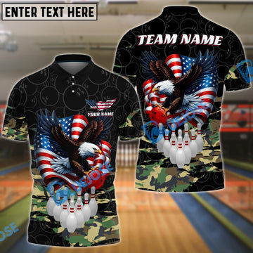 BlueJose Bowling Eagle American Flag Camo Customized Name, Team Name 3D Shirt (4 Colors)