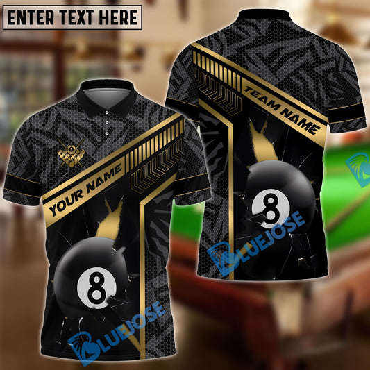 BlueJose Billiards 8-Ball Gold Strike Line Design Personalized Name, Team Name Unisex Shirt (4 Colors)