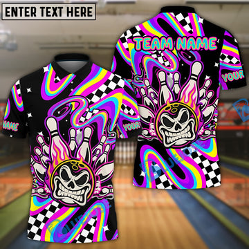BlueJose Bowling And Pins Psychedelic Skull Strike Customized Name, Team Name 3D Shirt