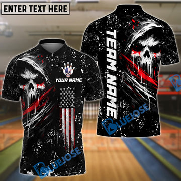 BlueJose Bowling And Pins Grim Skull with American Flag Personalized Name, Team Name Shirt