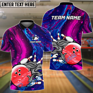 BlueJose Bowling And Pins Galaxy Flame Customized Name, Team Name 3D Shirt (4 Colors)