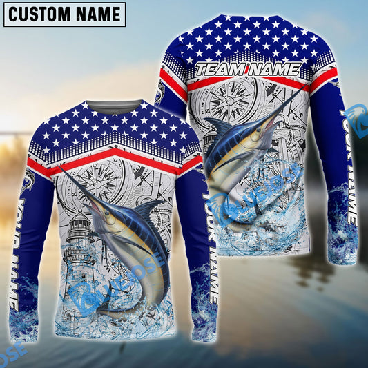 Bluejose Marlin Fishing American Anchor Compass Lighthouse Graphic Custom Name & Team Name 3D Shirts
