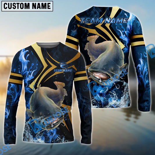 Bluejose Catfish Fishing Blue Ocean Wave & Gold Geometric Custom Name & Team Name 3D Shirts