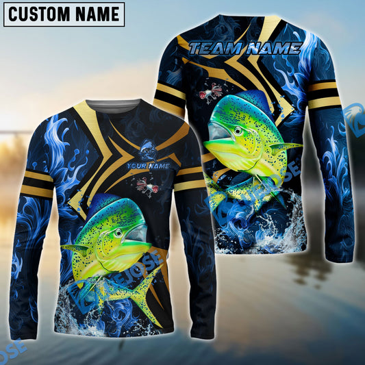 Bluejose Mahi-Mahi Fishing Blue Ocean Wave & Gold Geometric Custom Name & Team Name 3D Shirts