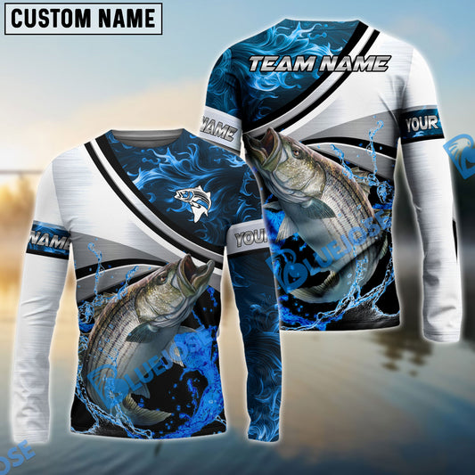 Bluejose Striped Bass Fishing Grey Diagonal Stripe & Blue Flame Water Splash Custom Name & Team Name 3D Shirts