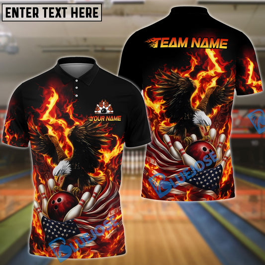 BlueJose Bowling & Pins Burning Eagle American Flag Patriot Customized Name, Team Name 3D Shirt (4 Colors)