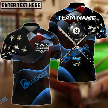 BlueJose Billiards Ball 8 & Ball 9 American Flag Cross Cue Personalized Shirt (2 Colors)