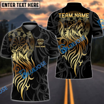 BlueJose Darts Golden Tribal Wolf Design Multicolor Options Personalized Name Shirt (6 Colors)
